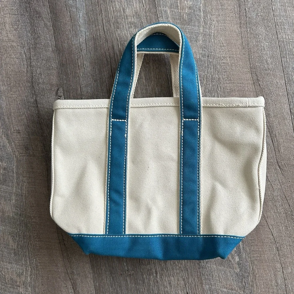 Lands' End Small Zip Top Canvas Tote Bag Natural Teal Monogrammed